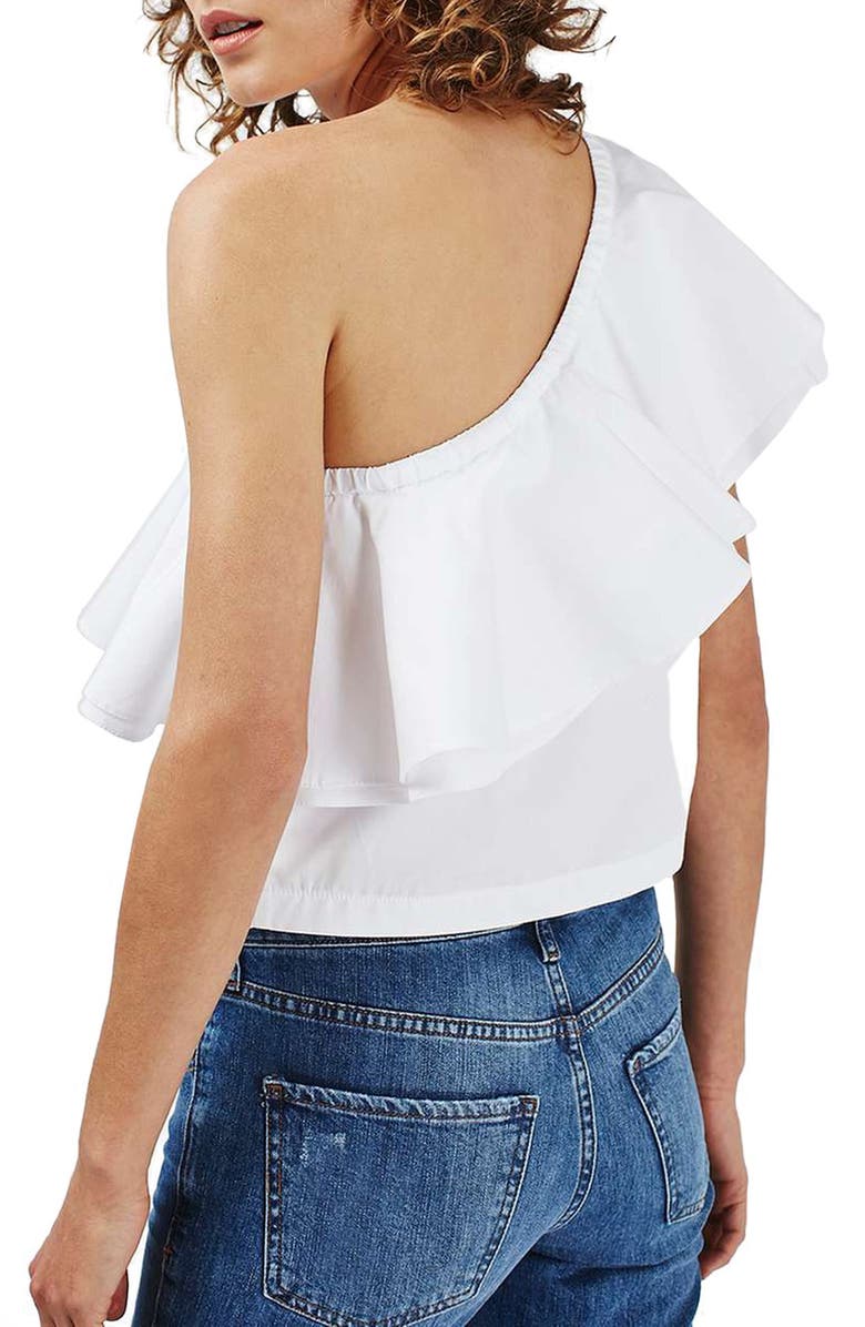 Topshop Ruffle One-Shoulder Poplin Top, Alternate, color,