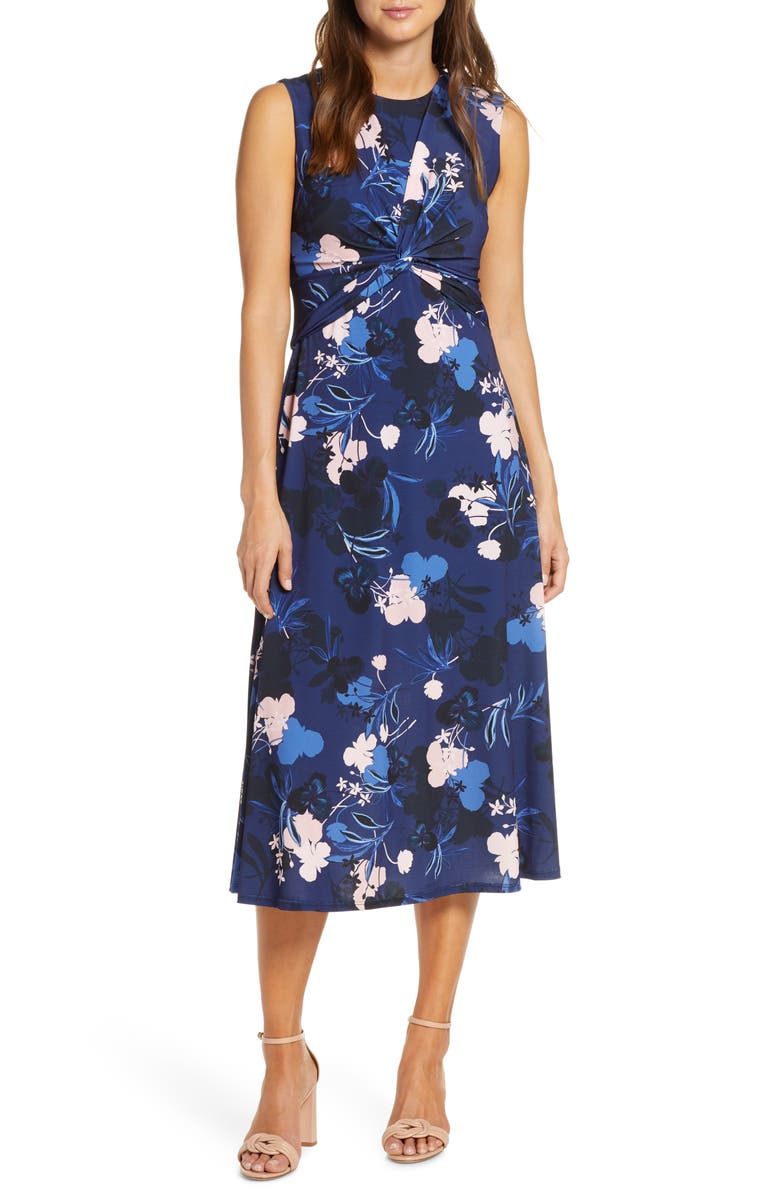 Vince Camuto Floral Twist Front Sleeveless Midi Dress, Main, color,