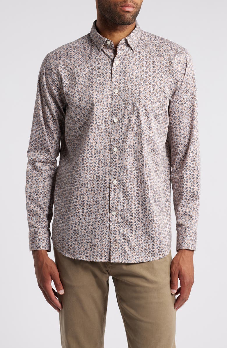 Johnston & Murphy Geometric Medallion Print Button-Up Shirt, Main, color, Brown/ Navy