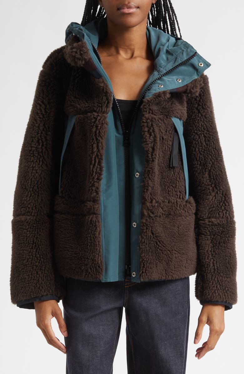Sacai Mixed Media Faux Shearling Jacket, Alternate, color, Brown/ Green