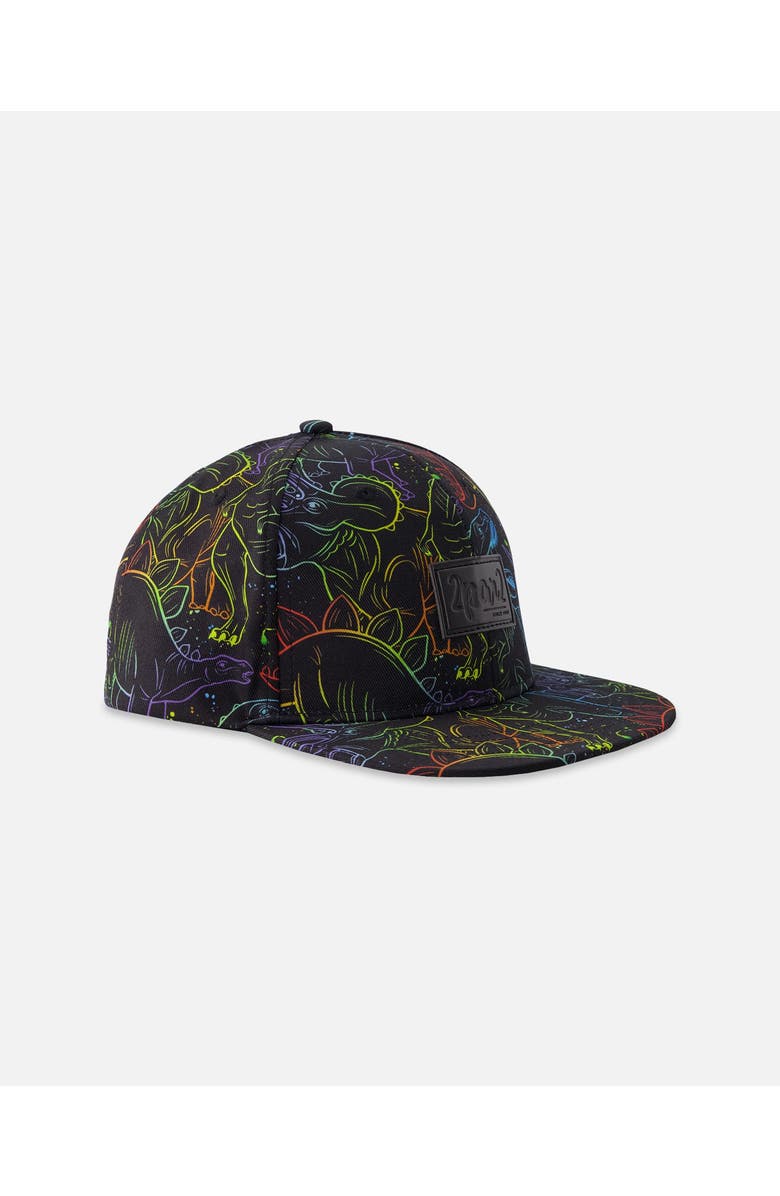 Deux par Deux Flat Brim Dinosaur Print Cap, Main, color, Black Dinosaur Print