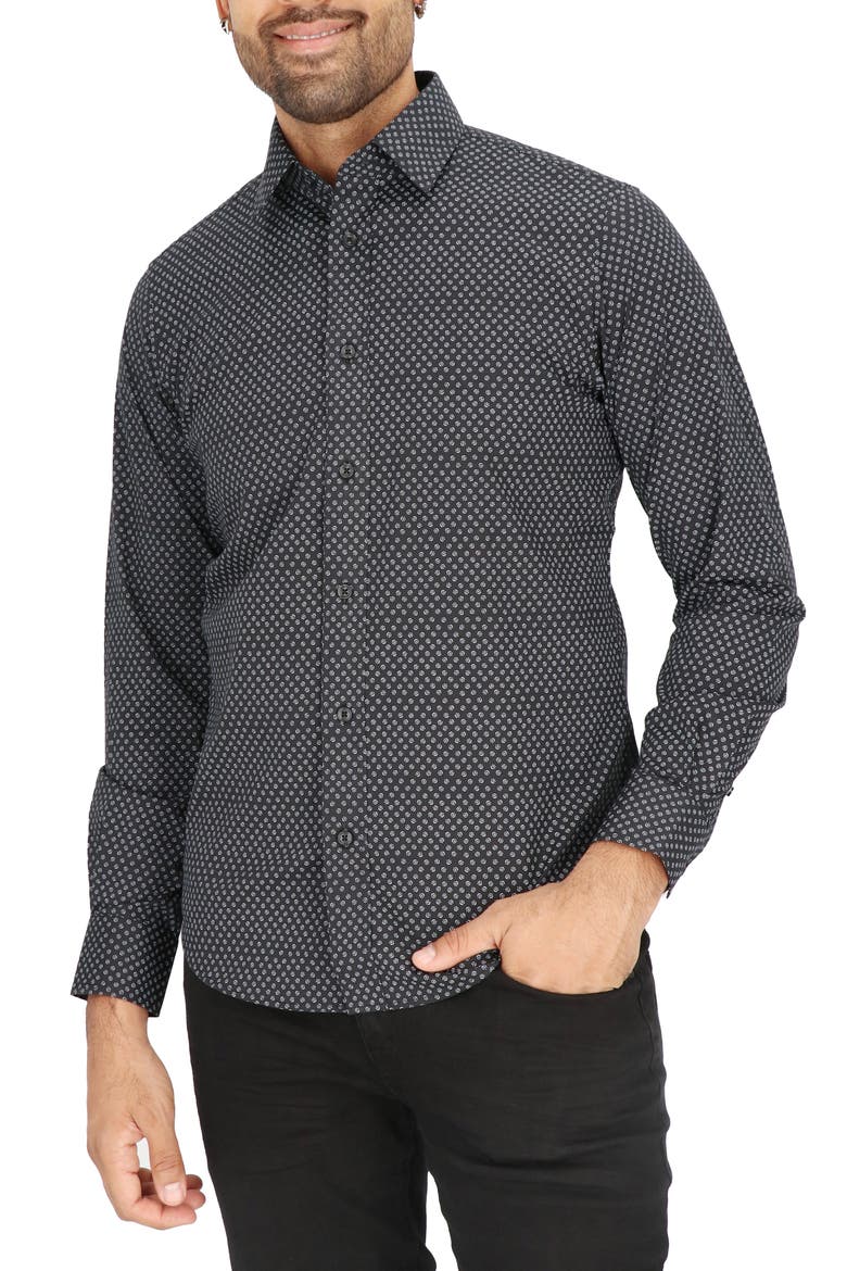 Modern Fit Flower Stretch Cotton Dress Shirt, Main, color, BLACK