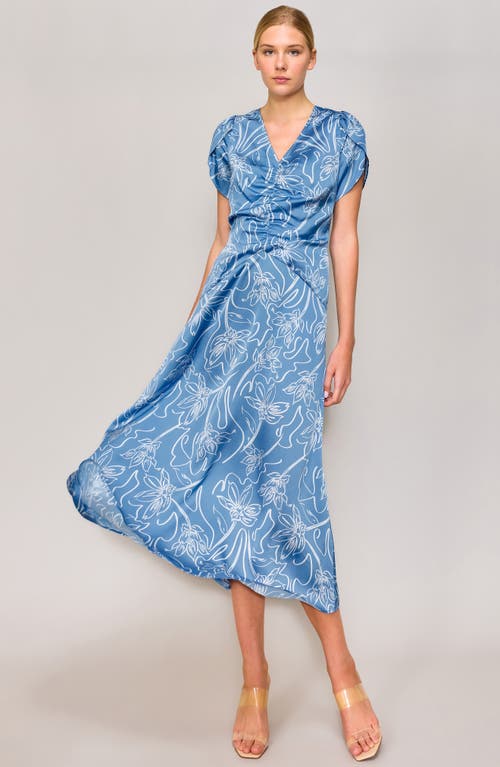 Melloday Ruched Tulip Sleeve Maxi Dress In Blue/ivory Print