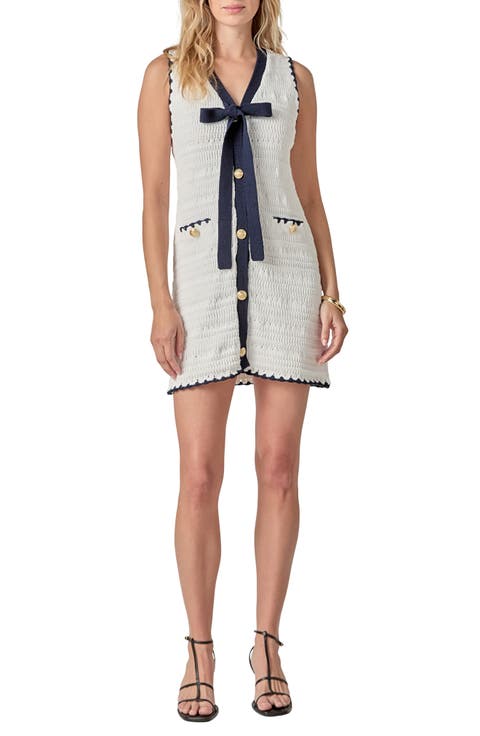 Contrast Trim Open Stitch Tie Neck Cotton Dress