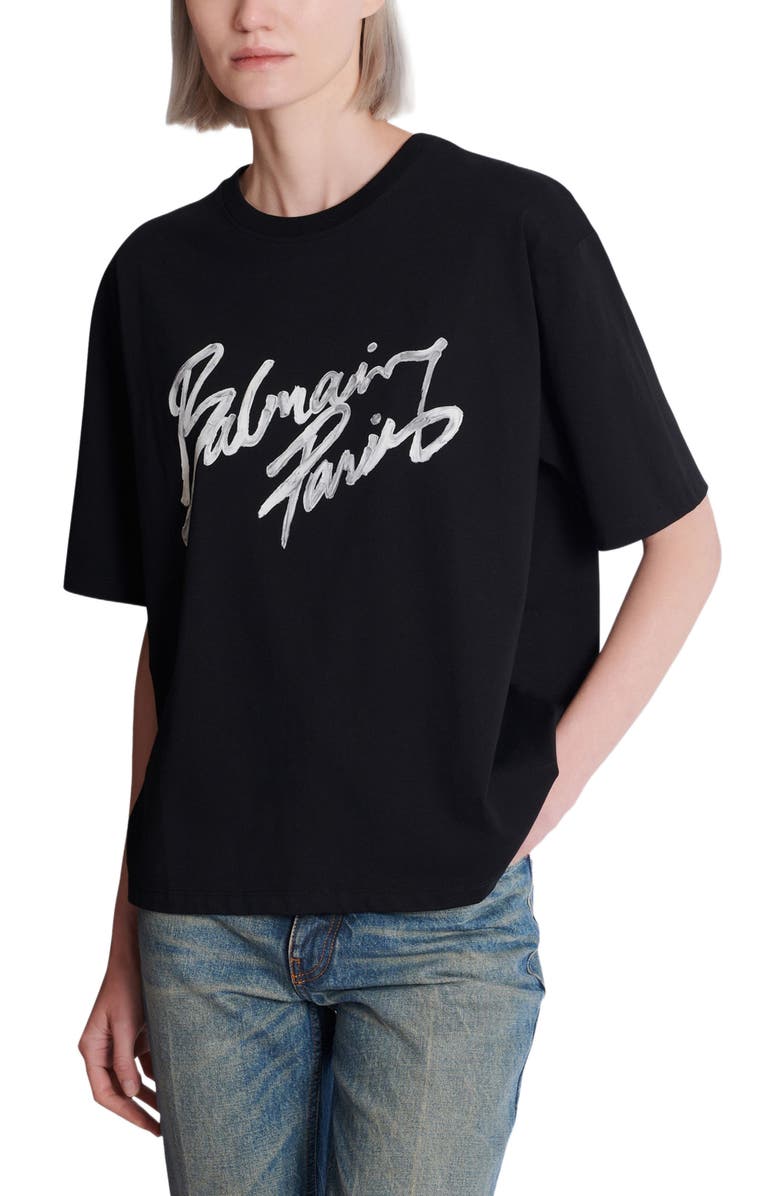 Balmain Boxy T-shirt with Balmain Paris Brush print, Alternate, color, Black