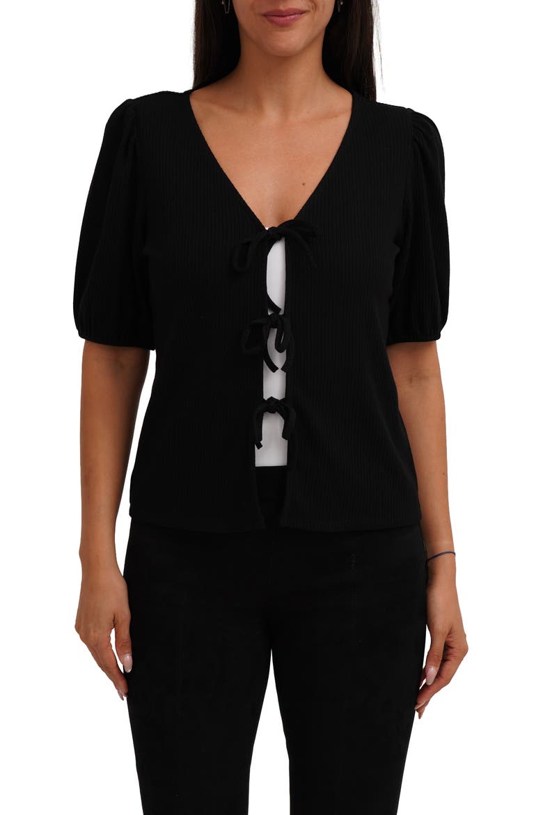 Bow Tie Front Short Sleeve Top, Main, color, BLACK