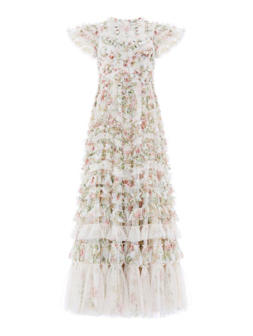 Needle & Thread Colette's La Vie En Rose Round Neck Gown In White