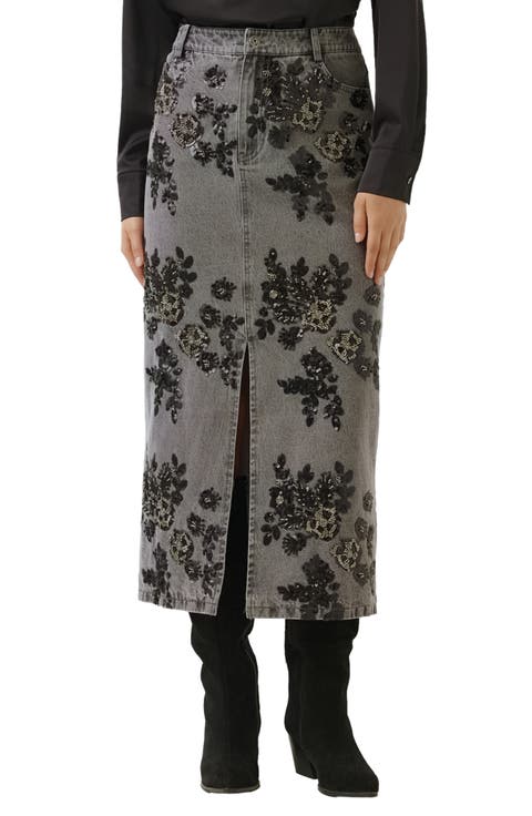 Sequin Floral Front Slit Denim Midi Skirt