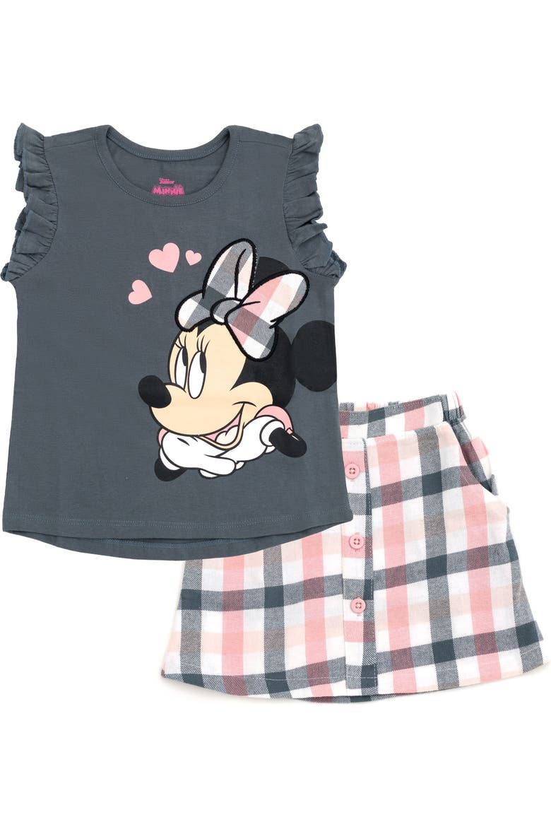 Minnie Mouse 2-Piece T-Shirt and Plaid Skirt Set, Main, color, Grey Minnie Mouse