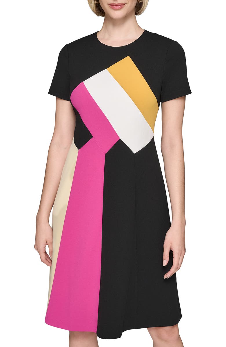 KARL LAGERFELD PARIS Scuba Crepe Colorblock A-Line Dress, Alternate, color, Black Multi