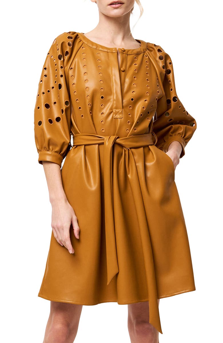 CIEBON Kinna Eyelet Puff Sleeve Tie Belt Faux Leather Shirtdress, Main, color, Tan