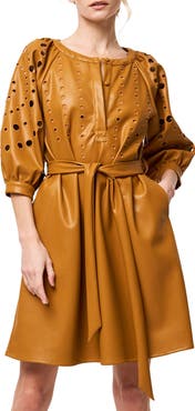 CIEBON Kinna Eyelet Puff Sleeve Tie Belt Faux Leather Shirtdress