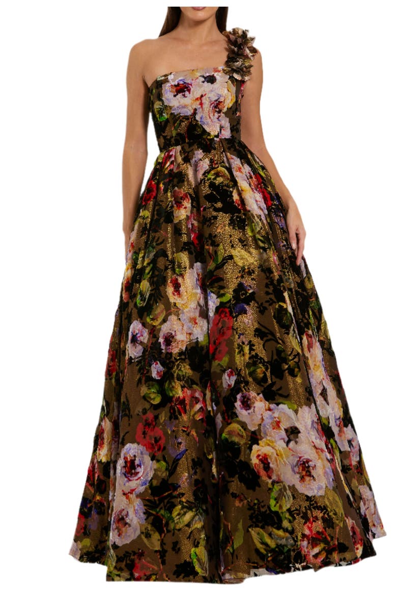 Mac Duggal Multicolor One Shoulder Embossed Organza 3D Flower Gown, Main, color, Black Multi