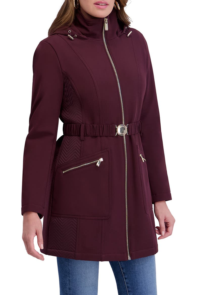Soft Shelled Hooded Belted Zip-Up Coat, Alternate, color, BURGUNDY