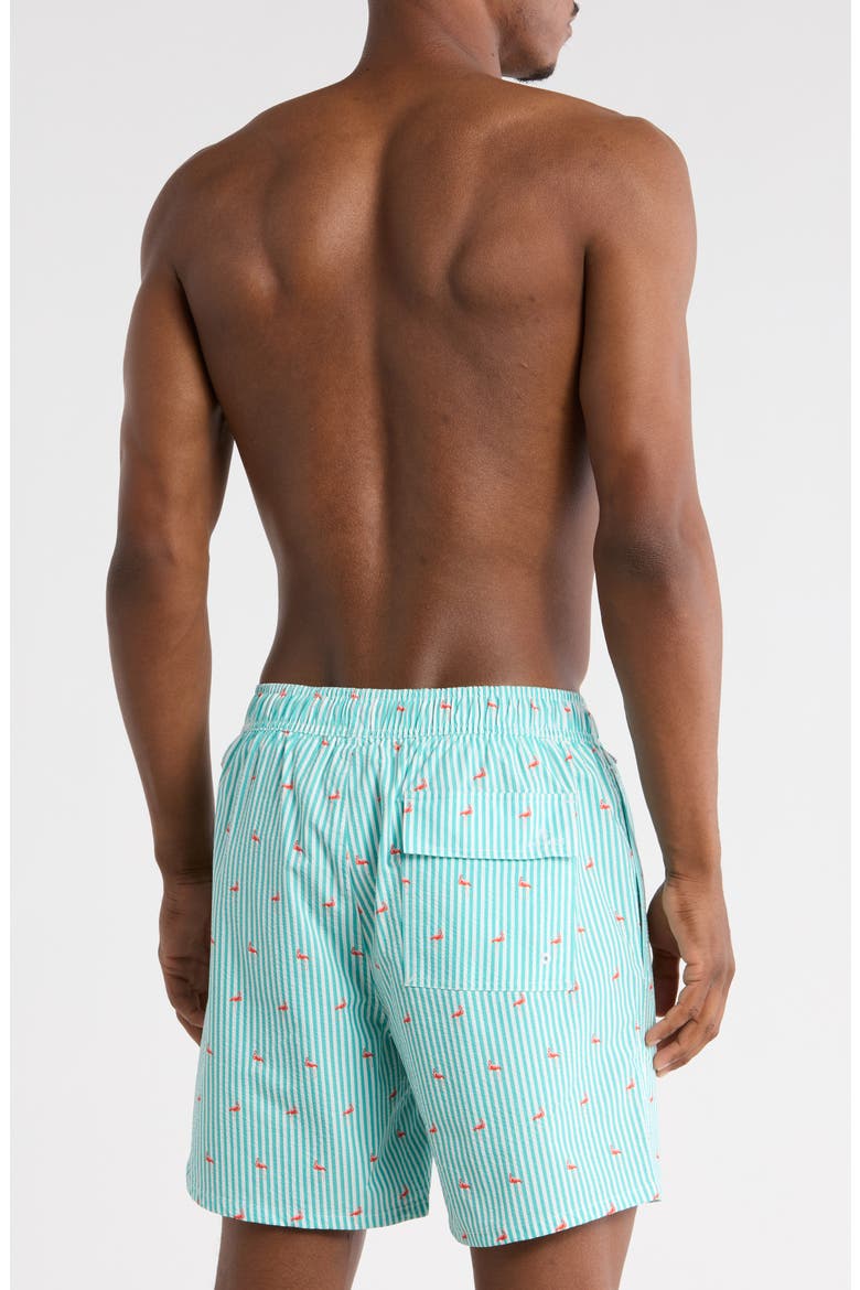 Flamingo Seersucker Swim Trunks, Alternate, color, BLUE TURQUOISE FLAMINGO