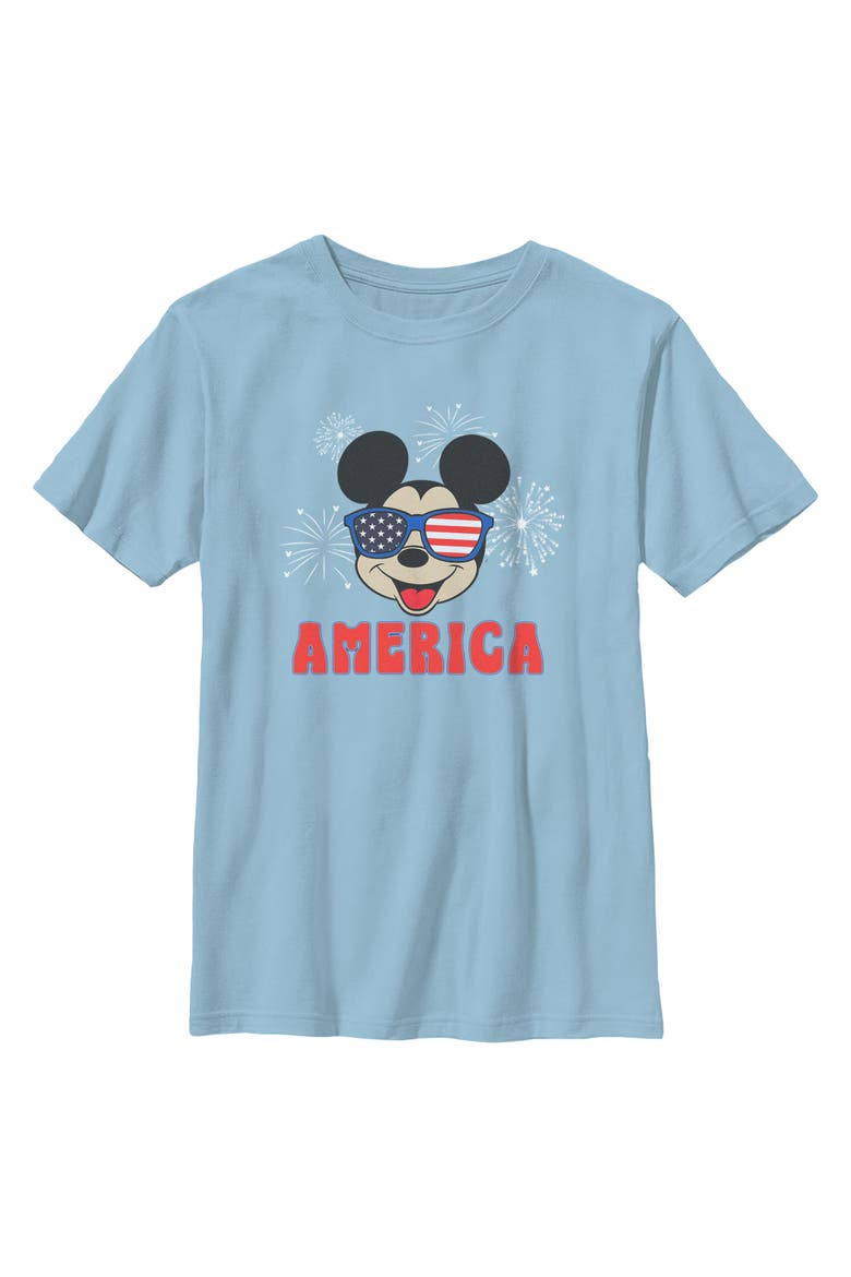Boy's Mickey & Friends American Sunglasses and Fireworks  Graphic T-Shirt, Main, color, Light Blue