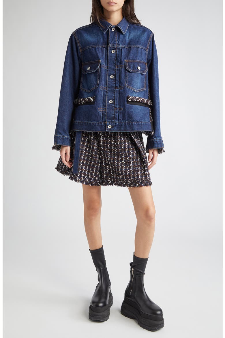Mixed Media Denim & Tweed Shorts, Alternate, color, BLUE/ NAVY