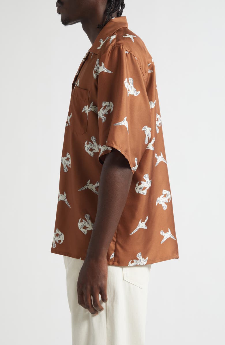 Marni Raven Print Silk Twill Bowling Shirt, Alternate, color, Ram Maroon