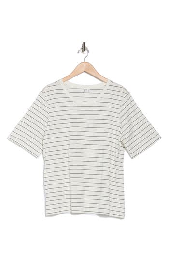 Nordstrom Elbow Sleeve Pima Cotton T-shirt In Ivory- Black Lauren Stripe