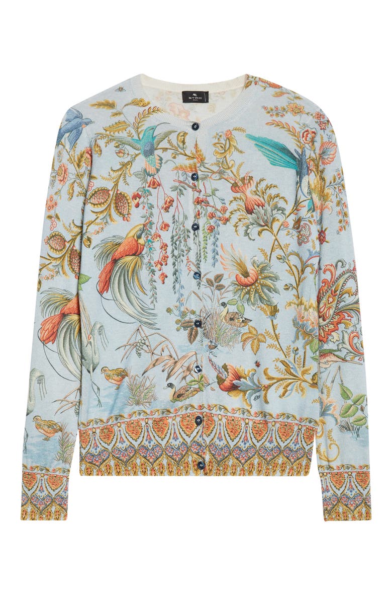 Flora & Fauna Silk & Cashmere Cardigan, Alternate, color, MULTICOLOUR ON PALE BLUE BASE