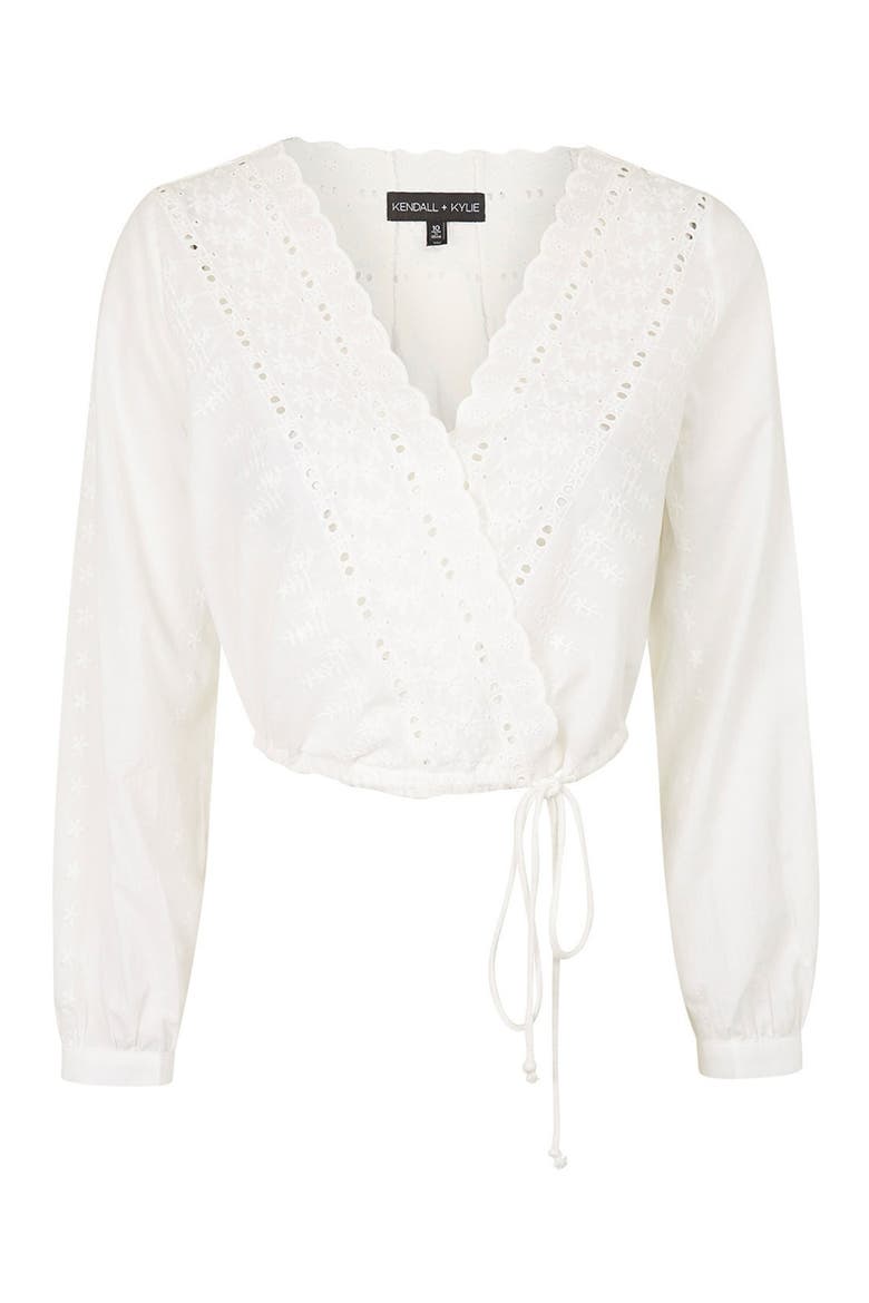 KENDALL + KYLIE at Topshop Embroidered Surplice Top, Alternate, color, CREAM