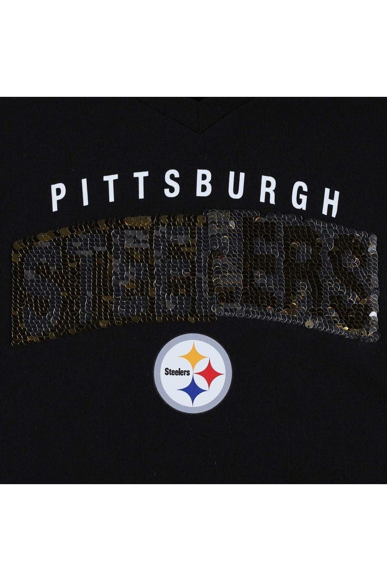 Girls Youth New Era Black Pittsburgh Steelers Reverse Sequin Wordmark V-Neck T-Shirt, Alternate, color, Black