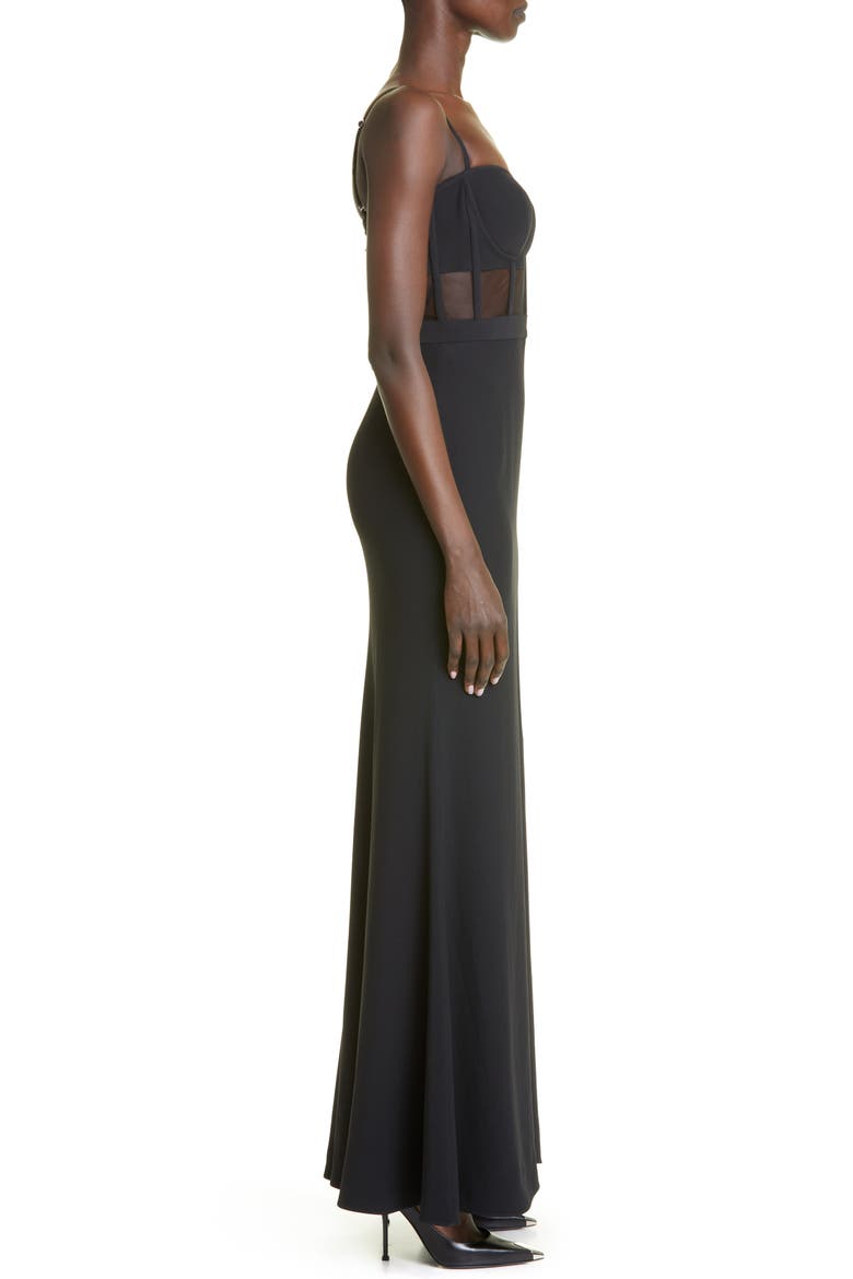 Sheer Corset Bodice Leaf Crepe Gown, Alternate, color, 1000 BLACK