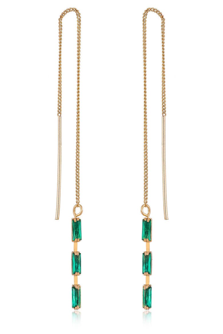 Cubic Zirconia Baguette Threader Earrings, Main, color, GREEN
