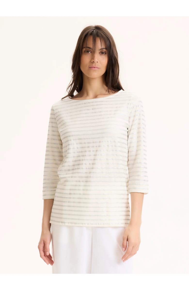Majestic Filatures Stretch Linen Metallic Stripe 3/4 Sleeve Boatneck Tee, Main, color, Silver