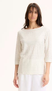 Majestic Filatures Stretch Linen Metallic Stripe 3/4 Sleeve Boatneck Tee
