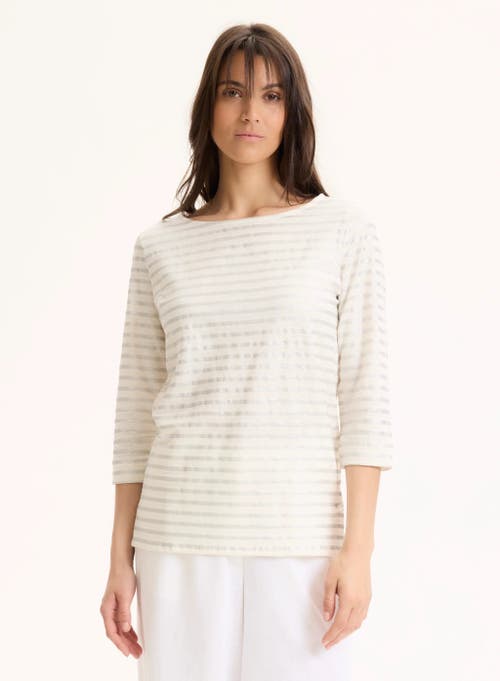 Majestic Filatures Stretch Linen Metallic Stripe 3/4 Sleeve Boatneck Tee In Neutral