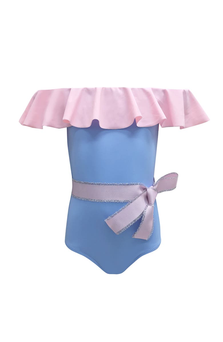 NESSI BYRD Off Shoulder Ruffle with Sparkle Belt One-Piece Swimsuit,Toddler-Little Kid, Main, color, Blue