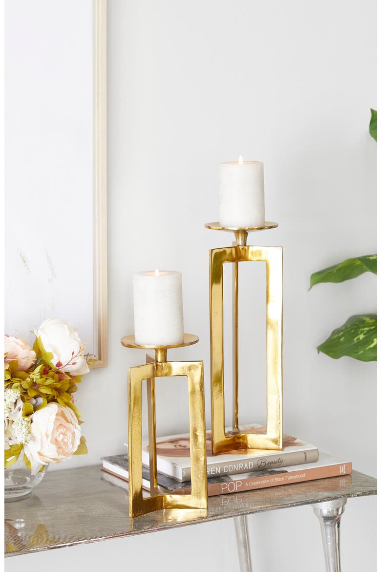 Goldtone Aluminum Pillar Geometric Candle Holder - Set of 2, Alternate, color, GOLD
