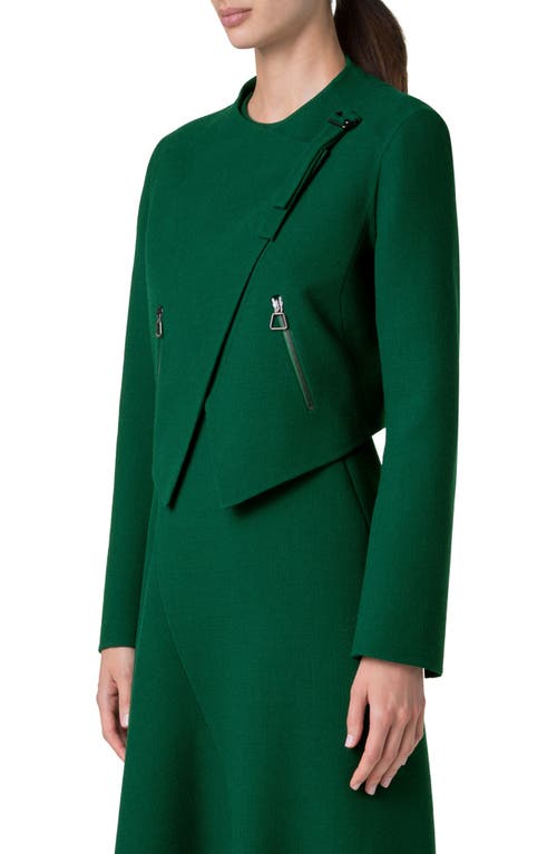 Akris Ariel Asymmetric Virgin Wool Crepe Crop Jacket In Pine Green
