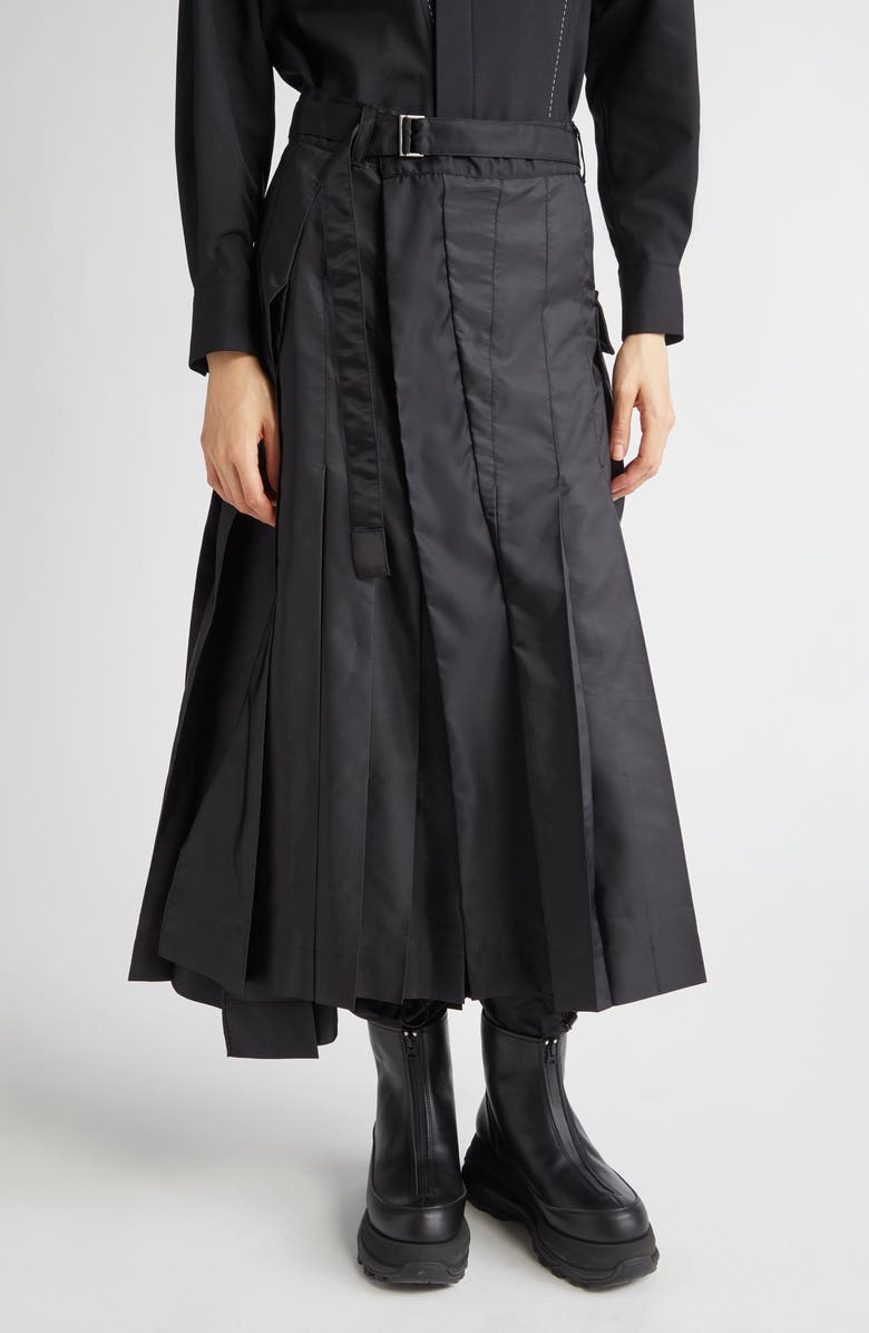 Sacai Belted Pleated Midi Skirt, Main, color, Black