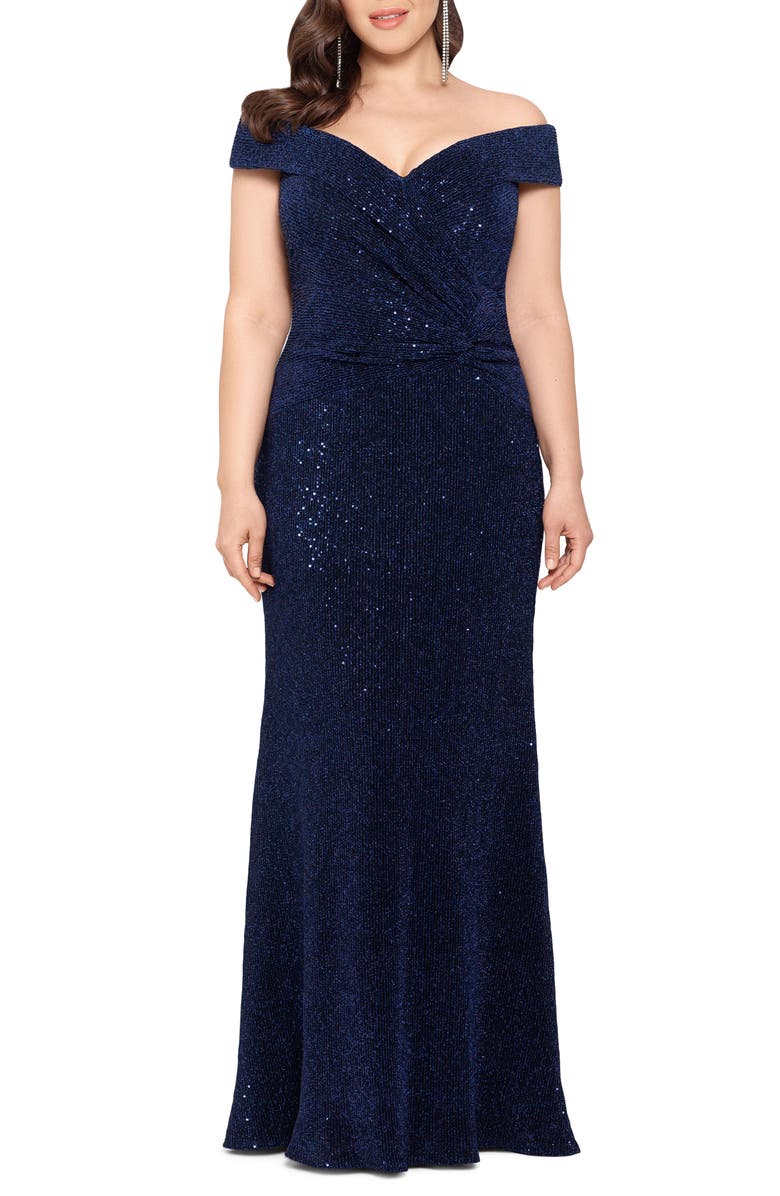 Xscape Evenings Xscape Off the Shoulder Metallic Gown, Main, color,