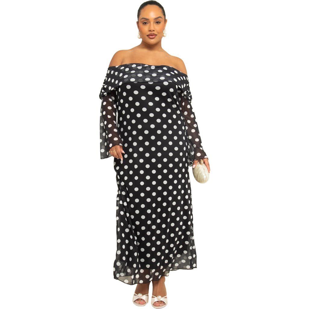 Fashion-szn Curve Mesh Polka Dot Long Sleeve Midi Dress