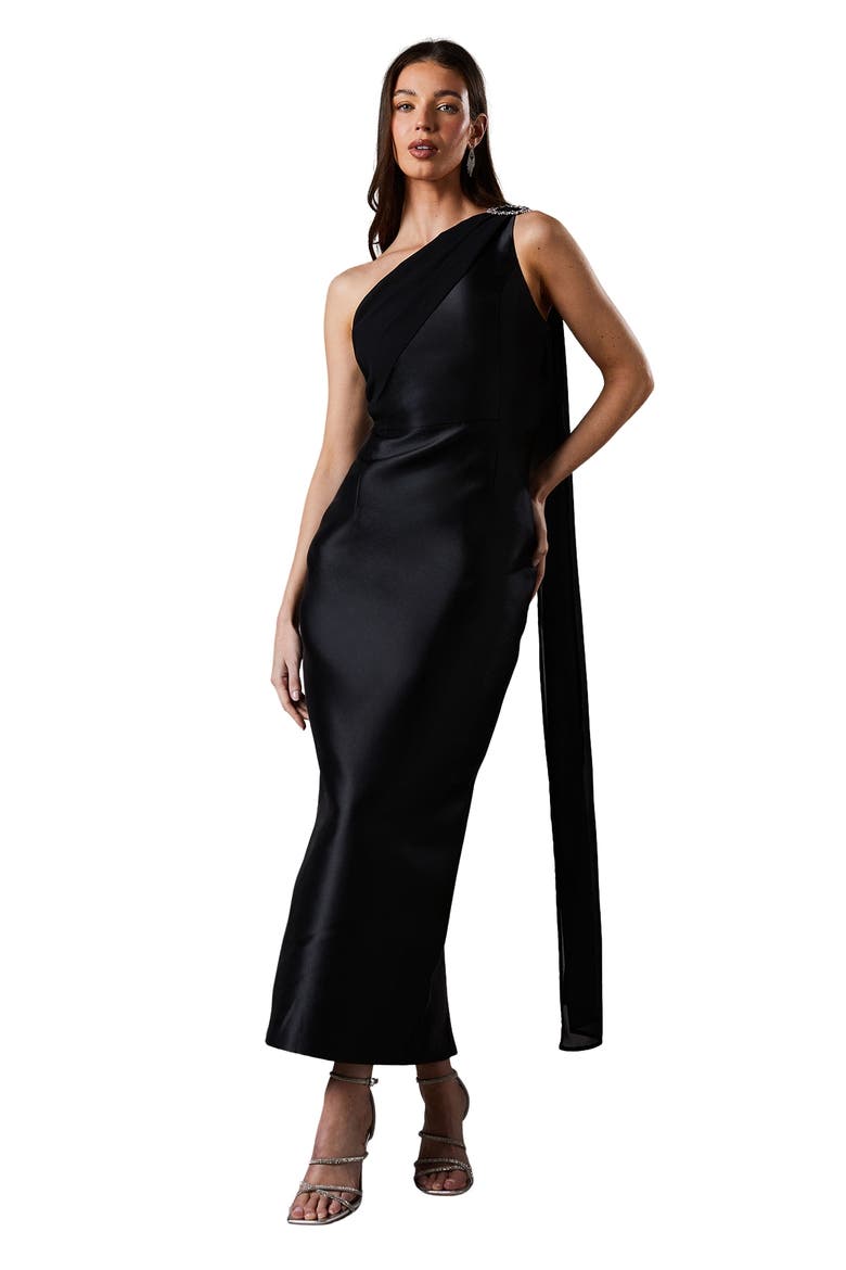 One Shoulder Twill Gown, Main, color, Black