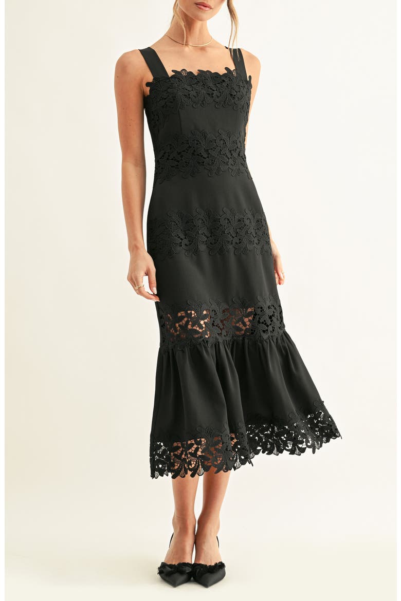 Davina Embroidered Lace Detail Midi Dress, Alternate, color, BLACK