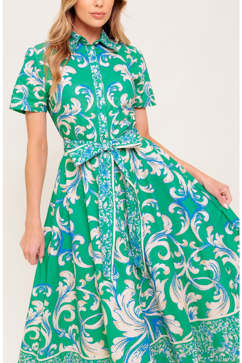 Swirl Print Short Sleeve Cotton Shirtdress, Alternate, color, GREEN IVORY