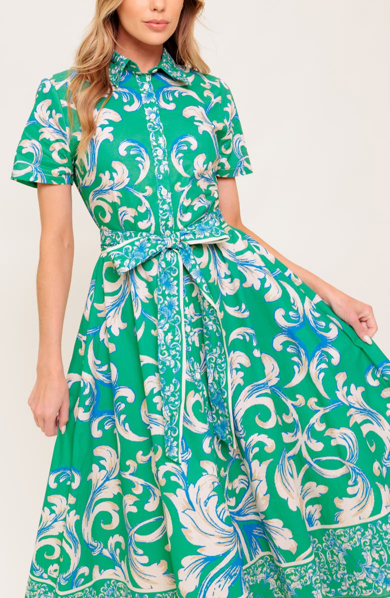 FLYING TOMATO Swirl Print Short Sleeve Cotton Shirtdress, Alternate, color, Green Ivory