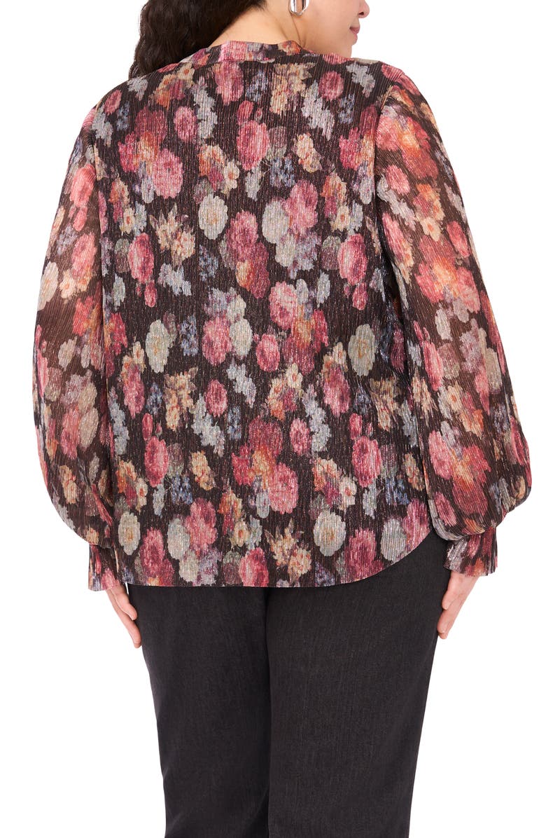 Vince Camuto Metallic Floral Plissé Top, Alternate, color, Rich Black