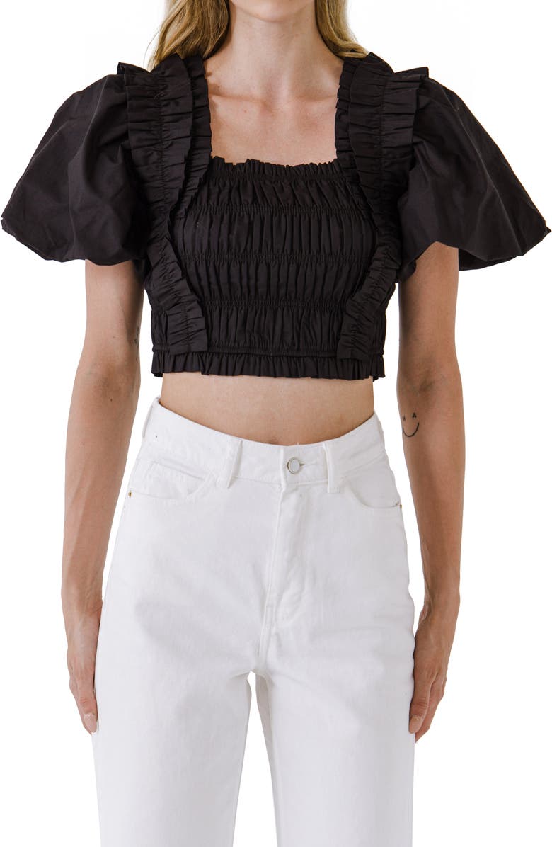 English Factory Shirred Bodice Puff Sleeve Cotton Crop Top, Main, color, 
