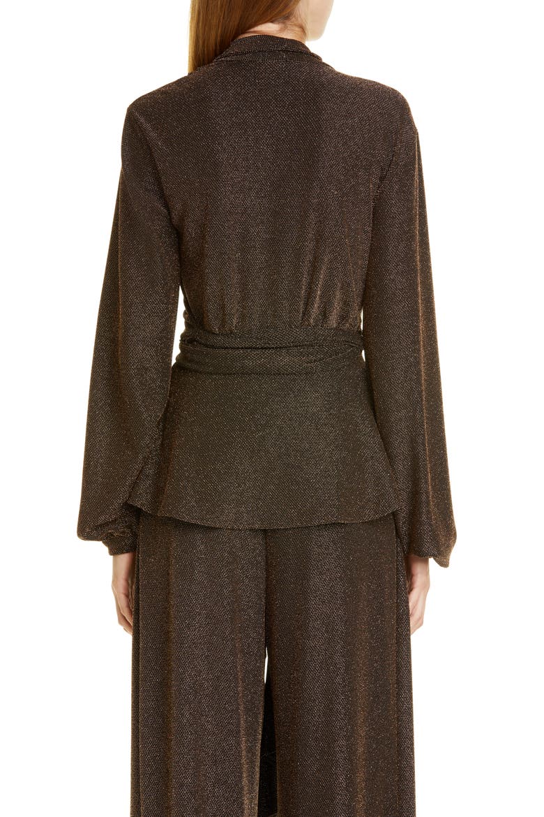 Metallic Mesh Long Sleeve Wrap Top, Alternate, color, BRONZE