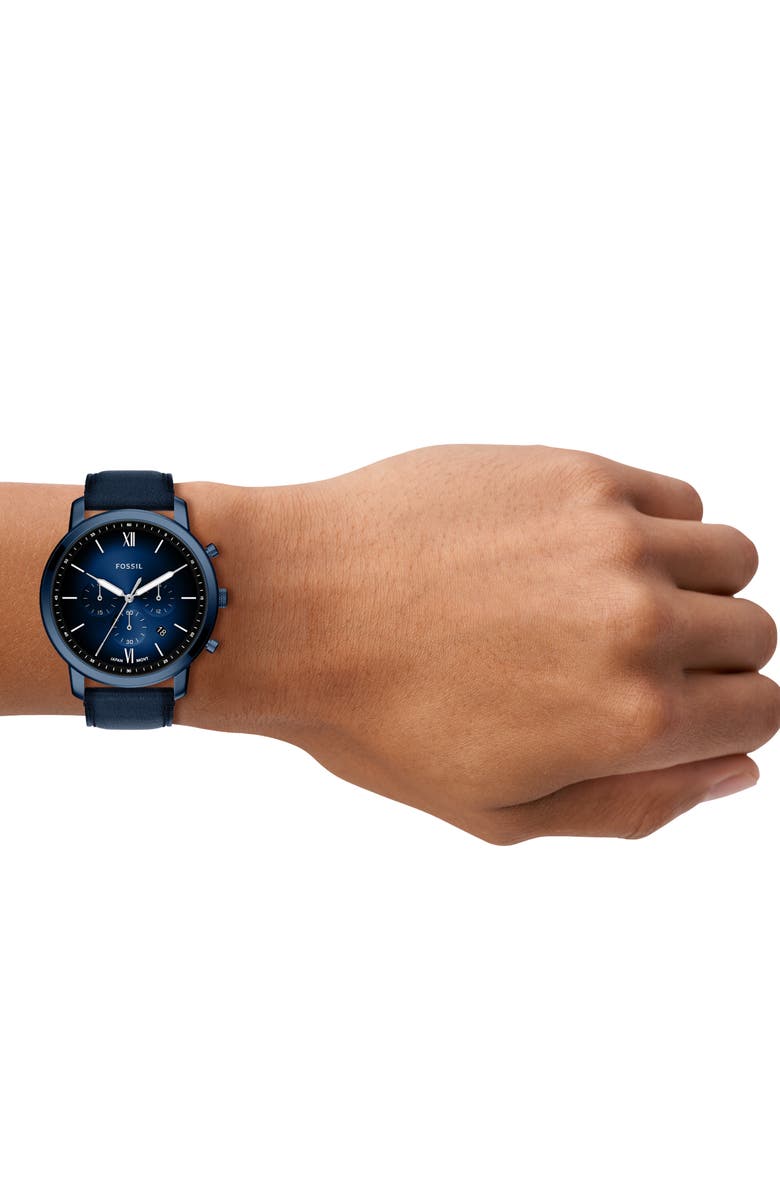 Fossil Neutra Blue Chronograph Leather Strap Watch, 44mm, Alternate, color, 