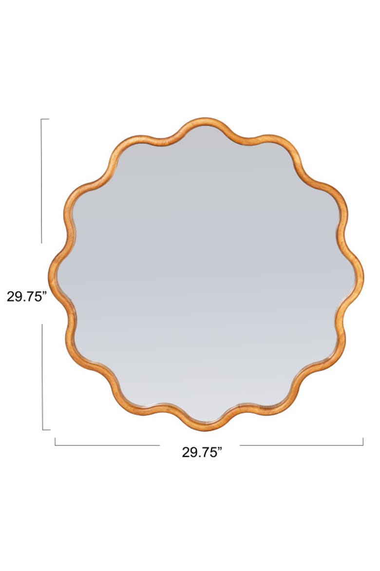 Wavy Round Mirror with Scalloped Wooden Frame, Alternate, color, Natural