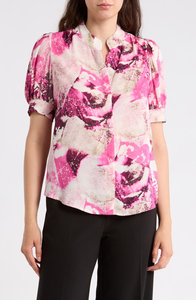 DKNY Short Sleeve Button-Up Shirt, Main, color, Hot Pink/ Pebble Multi