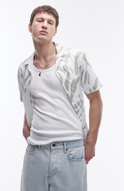 Abstract Print Stripe Seersucker Camp Shirt