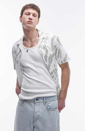 Topman Abstract Print Stripe Seersucker Camp Shirt
