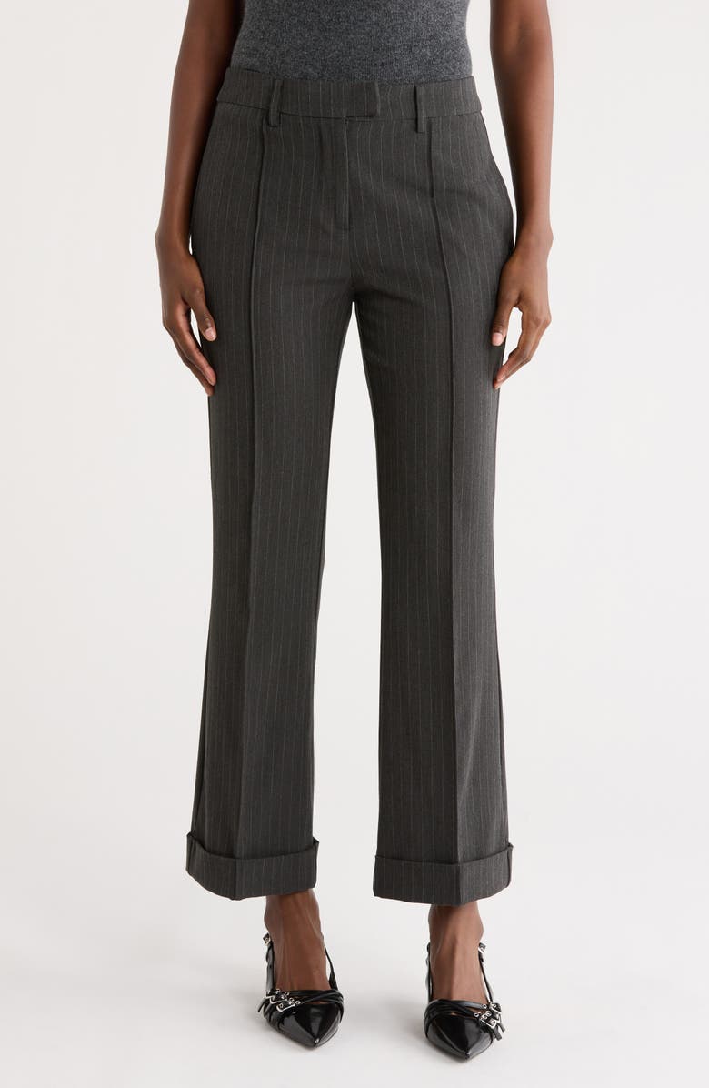 Nicole Miller Birdie Pinstripe High Waist Cuffed Bootcut Pants, Main, color, Charcoal